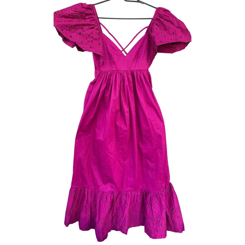 Anthropologie En Saison Eyelet Maxi Dress XS Puff Sleeve Cross Back Boho Ruffle - Picture 4 of 15